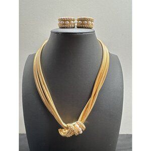 Jewels By Park Lane Gold-Tone Necklace & Clip-On Earrings Set Pearls & Rhineston